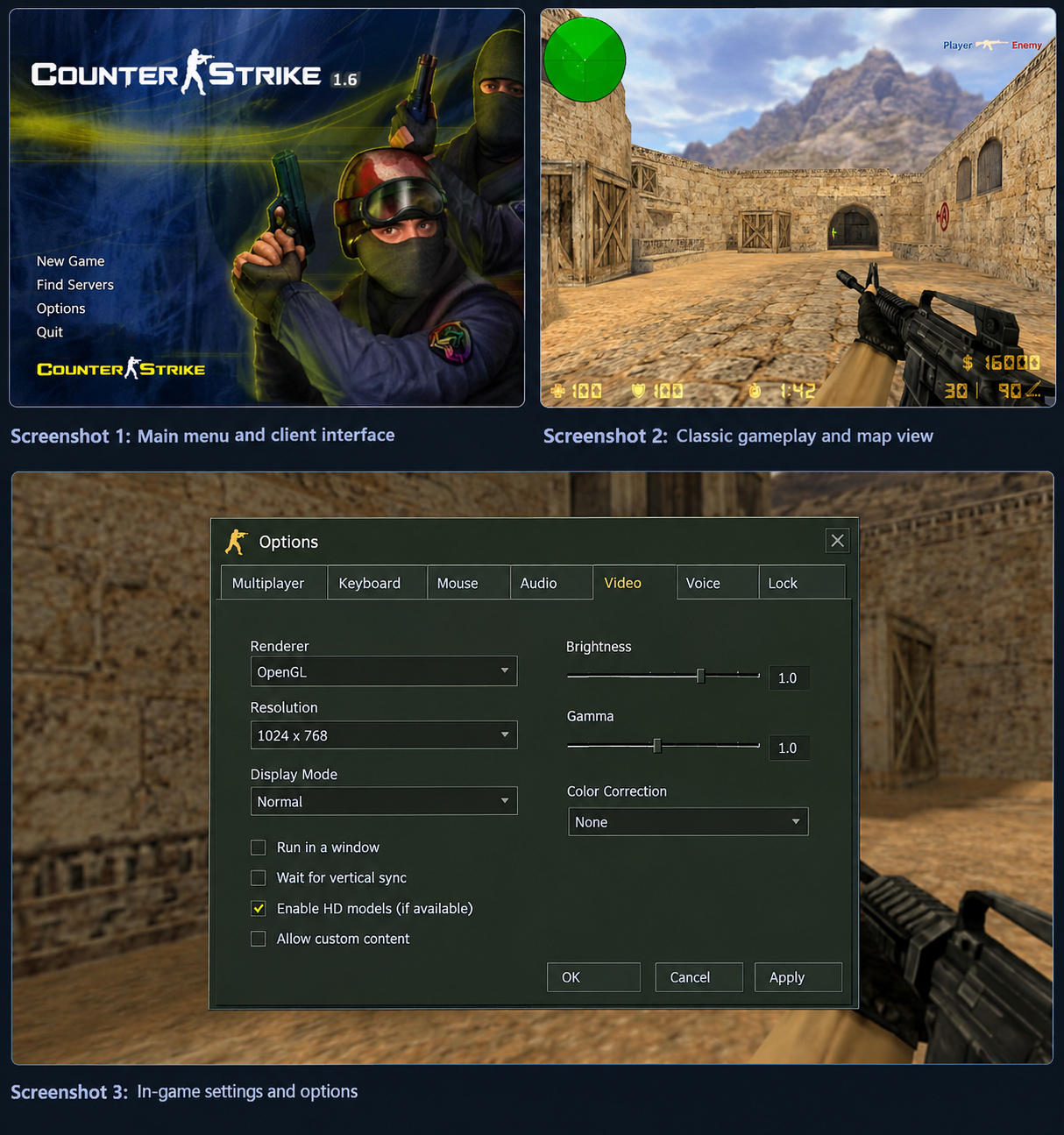CS 1.6 Non-Steam main menu, classic gameplay and game settings