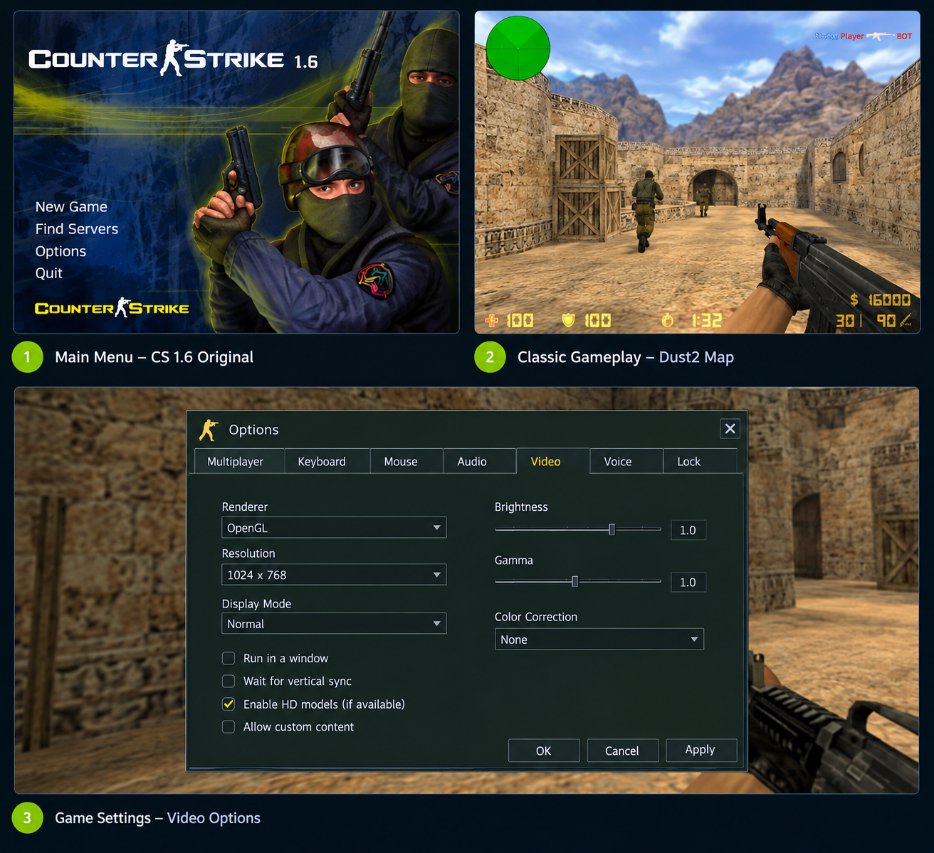 CS 1.6 Original main menu and game interface screenshot